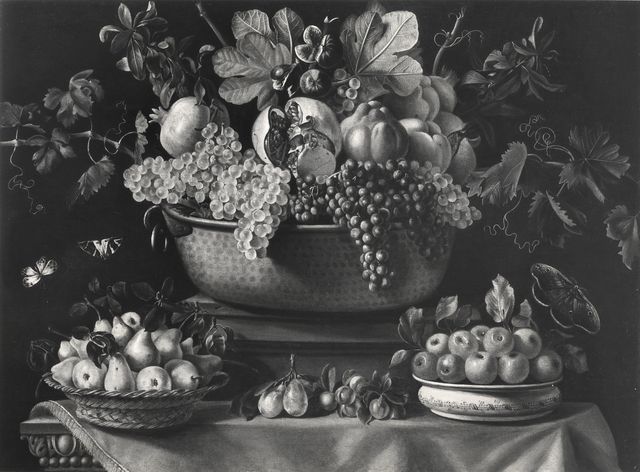 Arte Fotografica — Bonzi Pietro Paolo - sec. XVII - Natura morta con bacile d'uva, melagrane, fichi, cesto di pere, terrina di mele, prugne e farfalle — insieme